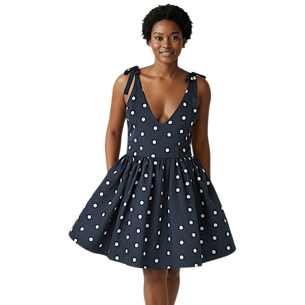 Old Navy Dress XL Navy Blue Polka Dot VNeck Babydoll Taffeta Fit Flare Swing NEW